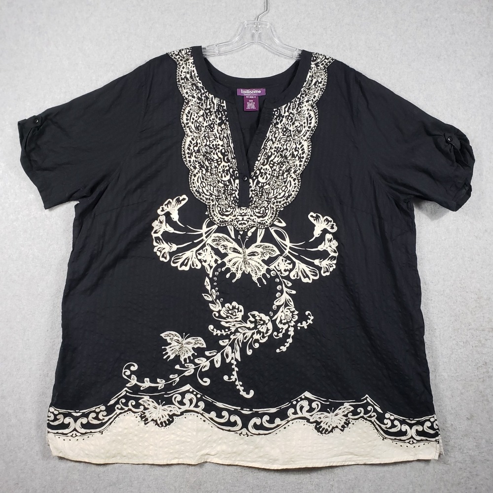 Taillissime Women Tunic 32W‎ Black Butterfly Embroidered Boho Plus Cottagecore